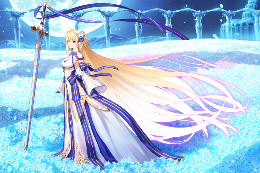 1girl archetype_earth arcueid_brunestud bare_shoulders blonde_hair breasts dress fate/grand_order fate_(series) field flower flower_field full_moon gloves hair_flower hair_ornament highres kamo_ashi large_breasts long_hair long_sleeves looking_at_viewer moon night night_sky red_eyes sky solo sword tsukihime very_long_hair weapon white_dress