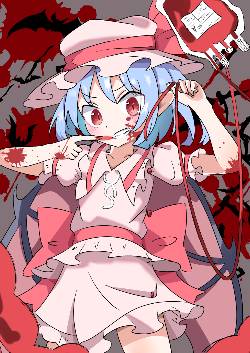 1girl absurdres back_bow bat_wings blood blood_bag blood_drip blood_on_arm blood_on_face blood_splatter blue_hair blush bow commentary_request cowboy_shot dot_nose fang frilled_shirt_collar frilled_skirt frills grin hat hat_ribbon highres looking_at_viewer mob_cap pointy_ears puffy_short_sleeves puffy_sleeves red_bow red_eyes red_ribbon remilia_scarlet ribbon saimu_taju shirt short_sleeves skirt smile touhou white_hat white_shirt white_skirt wings