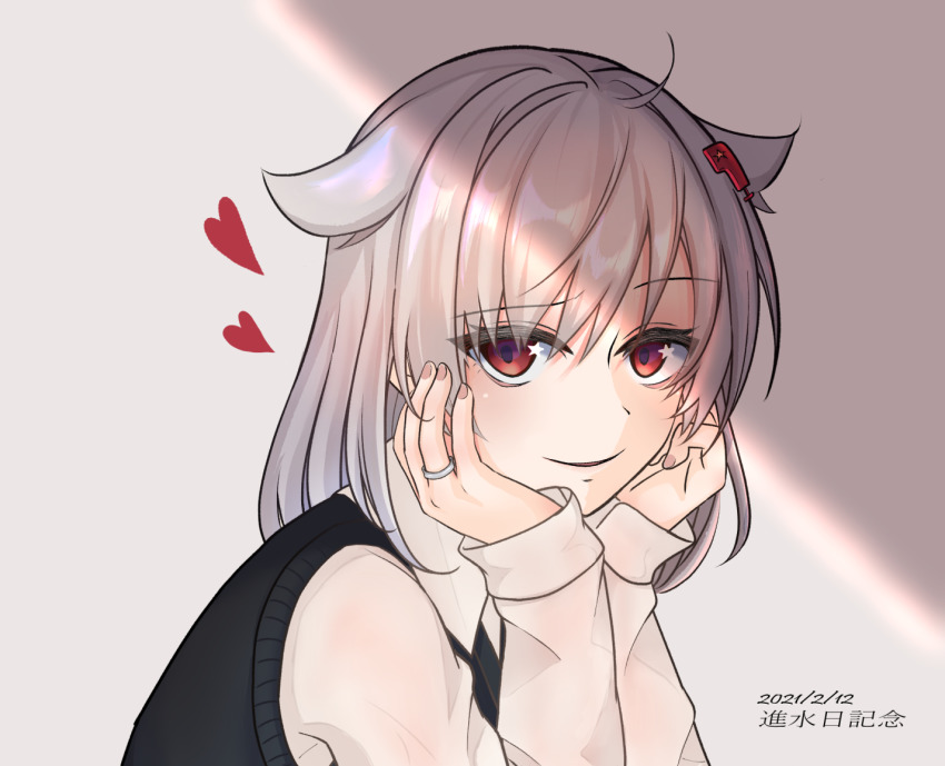 +_+ ahoge azur_lane black_vest hair_ornament hair_over_eyes hands_on_own_cheeks hands_on_own_face heart jewelry long_hair long_sleeves looking_at_viewer montpelier_(azur_lane) raised_eyebrow red_eyes ring shadow shirt shiyin silver_hair simple_background smile solo upper_body vest white_shirt