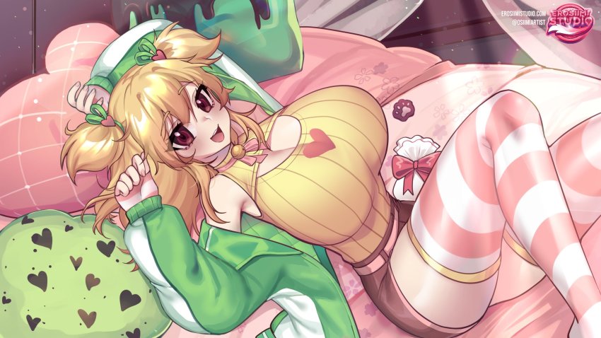 1girl blonde_hair breasts brown_eyes candy cleavage commentary curvy double_bun english_commentary food gloves green_jacket hair_bun heart heart_print high-waist_shorts highres indie_virtual_youtuber jacket large_breasts long_hair lying mio_(vtuber) off_shoulder on_back on_bed open_mouth osiimi pillow ribbed_sweater shorts sleeveless smile striped_clothes striped_thighhighs sweater thighhighs thighs virtual_youtuber yellow_sweater