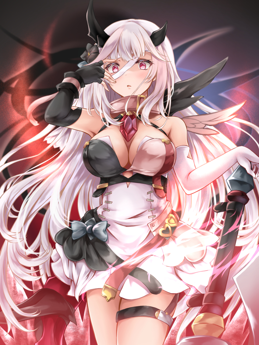 1girl abyssal_yufine_(epic_seven) asymmetrical_clothes asymmetrical_gloves bandaged_head bandages bare_shoulders belt black_bow black_gloves blunt_bangs blurry blurry_background bow breasts cleavage collar cowboy_shot dragon_girl dragon_horns epic_seven fingerless_gloves gem gloves grey_hair halterneck heart highres holding holding_weapon horns kei_(asufend) long_hair mismatched_gloves multicolored_clothes open_belt pink_collar red_eyes red_gemstone skirt solo tail thigh_strap very_long_hair weapon white_gloves white_skirt wings yufine_(epic_seven)