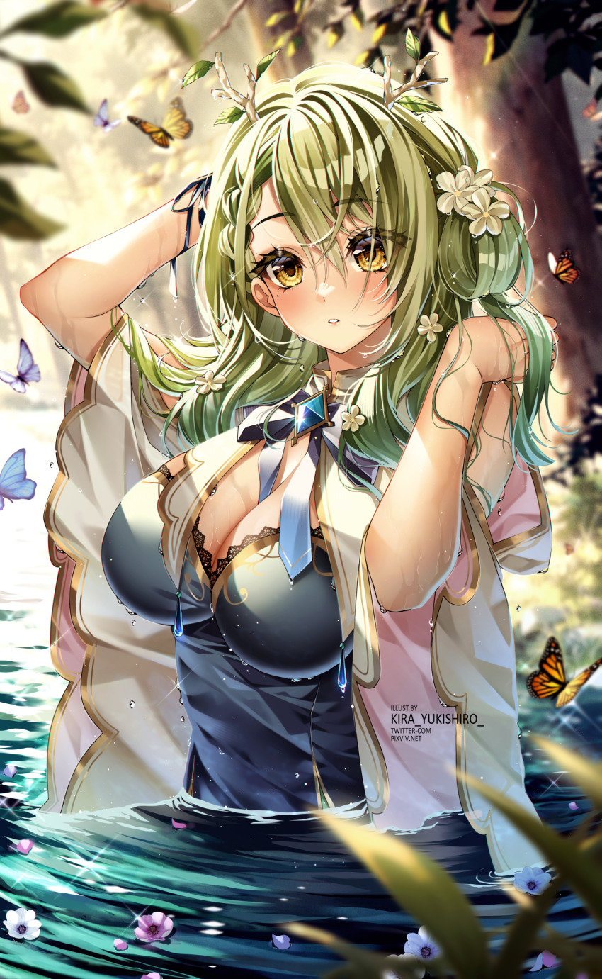 1girl arms_up blue_dress blush braid branch breasts bug butterfly ceres_fauna ceres_fauna_(1st_costume) cleavage clothing_cutout commentary dress floating floating_object flower forest green_hair hair_between_eyes hair_flower hair_ornament hair_rings hands_in_hair highres hololive hololive_english horns in_water insect kira_yukishiro lake large_breasts leaf looking_at_viewer looking_to_the_side medium_hair mole mole_under_eye nature outdoors parted_lips shoulder_cutout solo standing strapless strapless_dress tree virtual_youtuber water waves wet wet_clothes wide_sleeves yellow_eyes