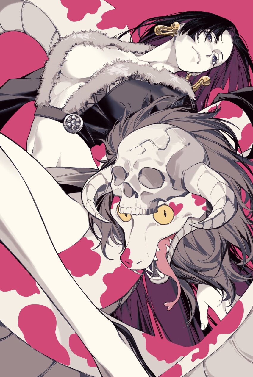 1girl black_hair black_jacket blue_eyes boa_hancock breasts cleavage closed_mouth earrings expressionless fingernails fur-trimmed_jacket fur_trim highres jacket jewelry long_hair looking_ahead navel one_piece open_clothes parted_bangs pink_background simple_background skull solo xuchuan