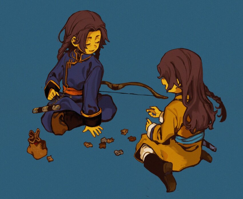 2girls aqua_background blue_dress boots braid brown_hair colored_skin deel dress full_body highres indian_style inner_mongolia inner_mongolia_(nanimonothing) long_hair mongolia mongolia_(nanimonothing) mongolian_clothes multiple_girls nanimonothing original pointed_footwear pouch sash sitting twin_braids wariza yellow_dress yellow_skin