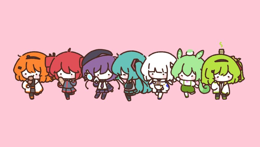 6+girls a.i._voice adachi_rei aqua_hair baguette beret black_hat bowl bread cable cevio chaun_meguri chibi chibi_only chicken_(food) commentary cup drill_hair food food_on_head fried_chicken green_hair green_shorts grey_shirt grey_skirt hair_ornament hair_ribbon hat hatsune_miku headgear highres holding holding_bowl holding_food holding_spring_onion holding_vegetable jacket kafu_(cevio) kasane_teto kyu-kurarin_(cevio) long_hair long_sleeves medium_hair mei_(meiday_mise) multiple_girls necktie object_on_head one_side_up onigiri open_clothes open_jacket orange_hair original pink_background pleated_skirt purple_hair red_hair ribbon shirt shorts simple_background skirt spring_onion standing twin_drills twintails utane_uta utau vegetable very_long_hair vocaloid voiceroid voicevox white_hair white_jacket white_ribbon white_shirt yunomi zunda_mochi zundamon