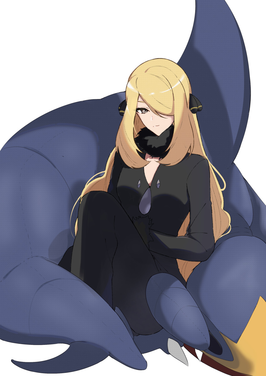 1girl absurdres black_coat black_sclera blonde_hair breasts claws coat colored_sclera creatures_(company) cynthia_(pokemon) dragon flame-tipped_tail fur-trimmed_coat fur-trimmed_collar fur_collar fur_trim game_freak garchomp gen_4_pokemon grey_eyes hair_ornament hair_over_one_eye hammerhead_shark highres long_hair long_sleeves medium_breasts nintendo pokemon pokemon_(creature) pokemon_dppt sharp_teeth shifatur17 spikes teeth v-neck very_long_hair