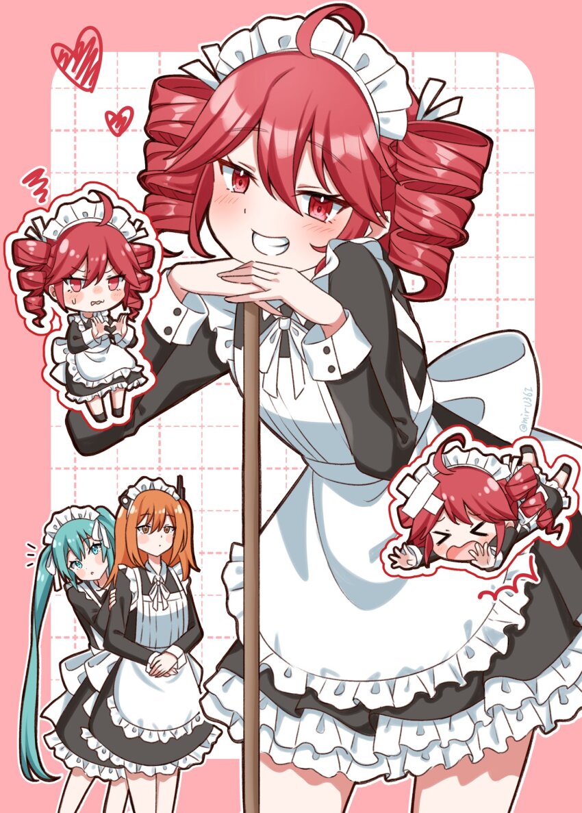 &gt;_&lt; 3girls a.i._voice adachi_rei ahoge alternate_costume apron black_dress black_shoes blue_eyes blush bow chibi chibi_inset closed_mouth dress drill_hair embarrassed enmaided frilled_hairband frills grin hair_between_eyes hair_bow hairband hatsune_miku heart heart_hands highres kasane_teto layered_sleeves long_hair long_sleeves looking_at_viewer lying maid maid_headdress mirumiru_(miru36i) multiple_girls on_stomach open_mouth orange_eyes orange_hair radio red_eyes shoes smile squiggle sweatdrop twin_drills twintails utau vocaloid white_apron white_bow white_hairband