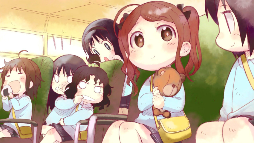 1girl 6+girls :d :o aged_down ahoge amagami ayatsuji_tsukasa bag black_hair black_hairband black_ribbon black_skirt blank_eyes blue_shirt blush bright_pupils brown_eyes brown_hair bus_interior cheek_squash child clenched_teeth closed_eyes closed_mouth eating end_card fighting finger_in_another&#039;s_mouth food frown hair_bobbles hair_ornament hair_ribbon hairband hand_on_another&#039;s_stomach highres holding holding_food holding_stuffed_toy jitome leaning_on_person leaning_to_the_side long_sleeves looking_at_another looking_at_viewer looking_down looking_to_the_side messy_hair morishima_haruka multiple_girls nakata_sae nanasaki_ai non-web_source notice_lines official_art onigiri open_mouth pleated_skirt production_art ribbon sakurai_rihoko shirt short_hair shoulder_bag sidelocks sitting skirt smile sparkling_eyes standing stuffed_animal stuffed_toy tanamachi_kaoru teddy_bear teeth twintails v-shaped_eyebrows watarai_keiji wavy_hair white_pupils window yellow_bag