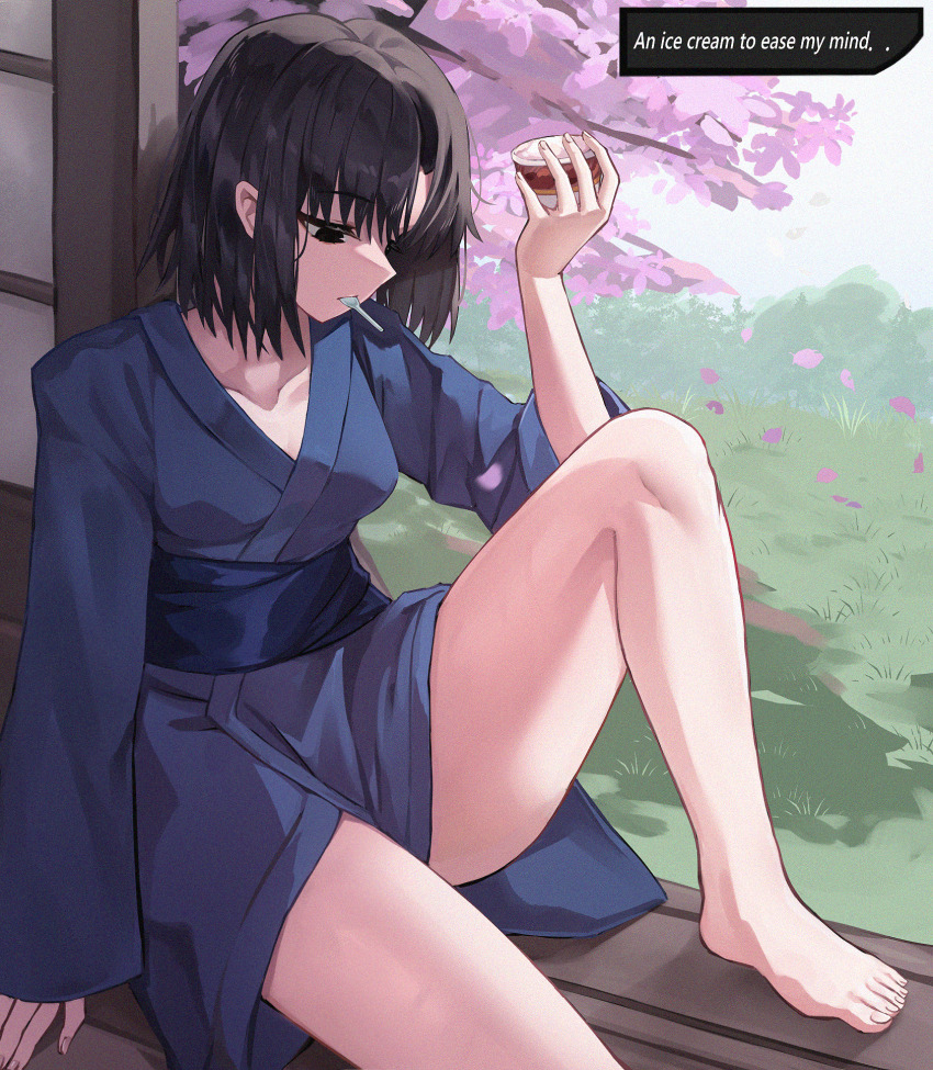 1girl bare_legs barefoot black_hair blue_kimono cherry_blossoms collarbone commentary cup disposable_cup english_commentary expressionless falling_petals grass haagen-dazs highres holding holding_cup japanese_clothes kara_no_kyoukai kimono knee_up looking_down mouth_hold on_floor petals ryougi_shiki short_hair sitting solo spoon umeo_(pixiv51103813)