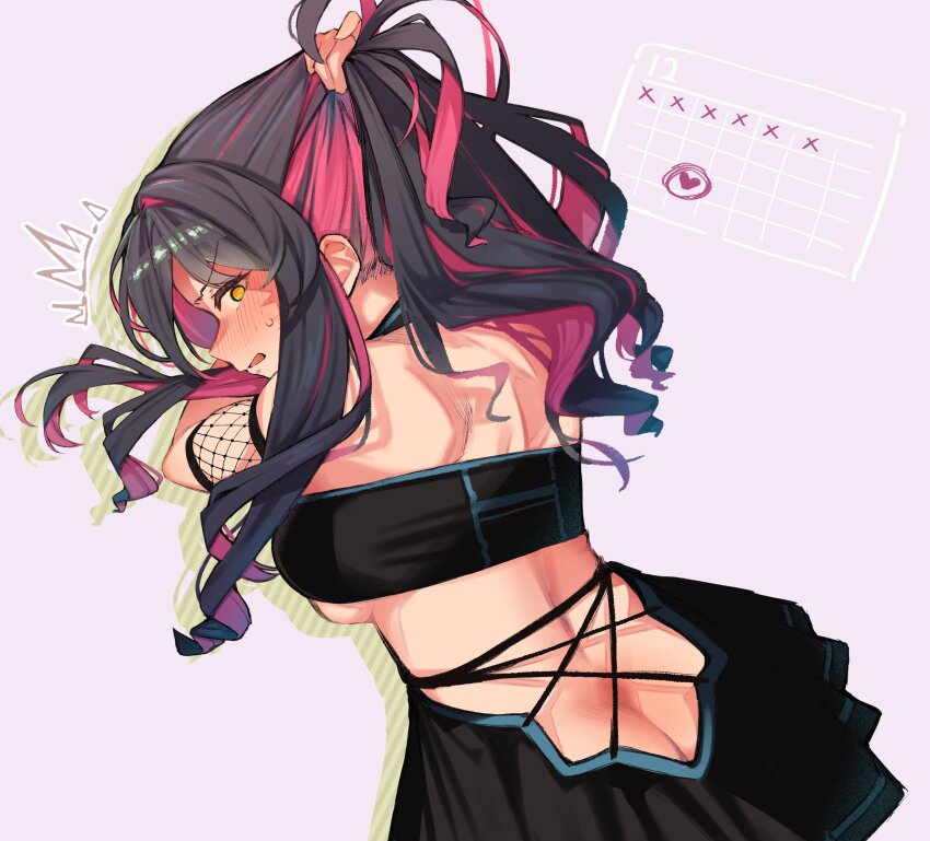 1girl @_@ absurdres alternate_costume ass bandeau black_bandeau black_hair black_skirt blush breasts bunching_hair butt_crack calendar_(object) commentary_request fishnets from_behind heart highres kantai_collection large_breasts long_hair looking_at_viewer multicolored_hair naganami_(kancolle) nose_blush open_mouth pink_hair shiawase_hougan simple_background skirt solo sweat wavy_hair yellow_eyes