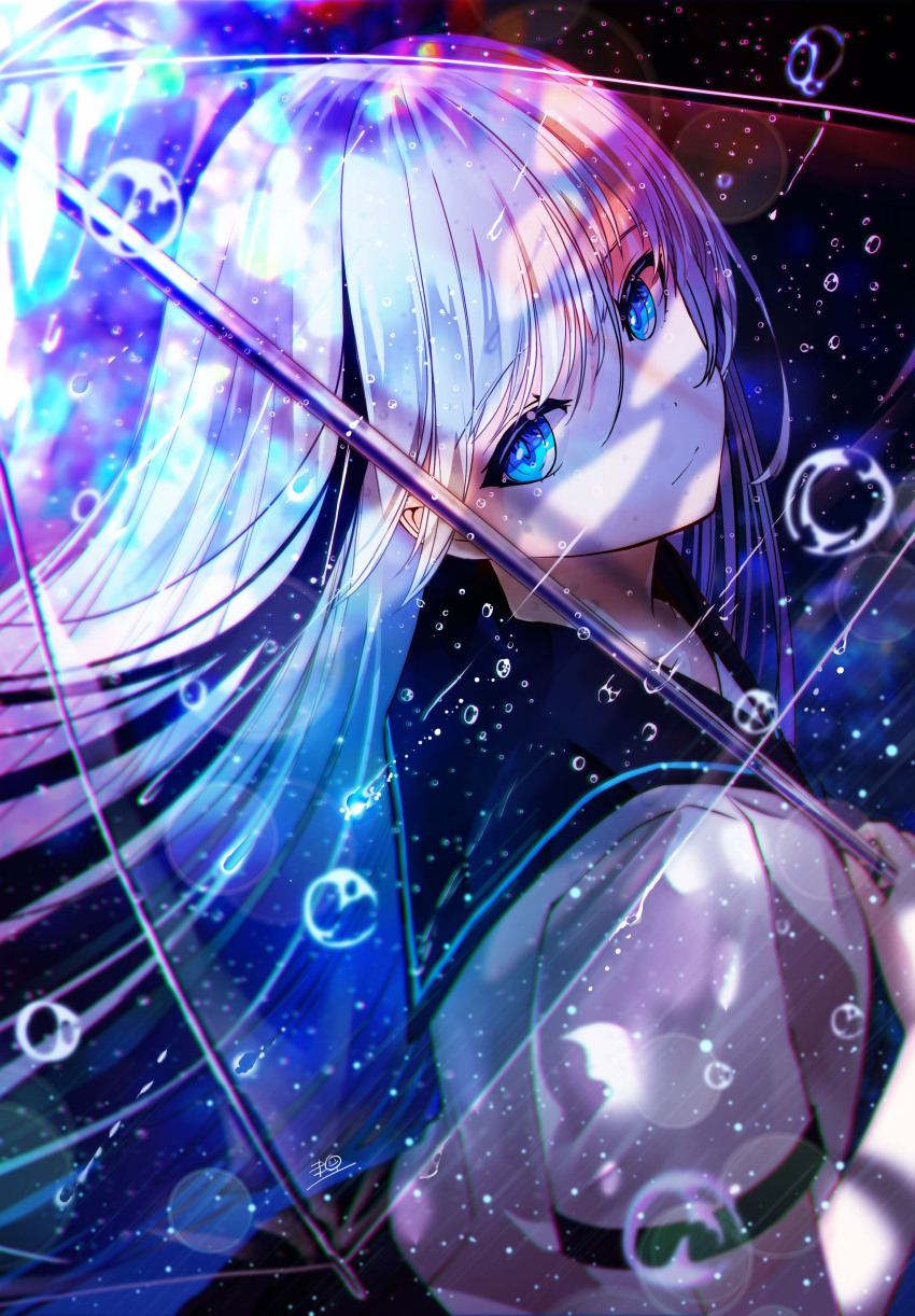 1girl absurdres artist_name blue_eyes close-up commentary digital_media highres long_hair looking_at_viewer looking_behind original pale_skin prismatic_lines rain sanamisa school_uniform signature transparent transparent_umbrella umbrella water_drop white_hair