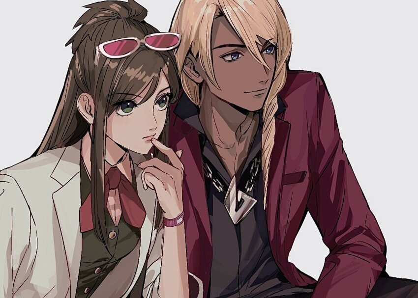 1boy 1girl ace_attorney amikoiiko apollo_justice:_ace_attorney blonde_hair blue_eyes brown_hair coat commentary_request dark-skinned_male dark_skin ema_skye eyewear_on_head formal_clothes green_eyes klavier_gavin long_hair looking_ahead open_clothes open_coat pink-tinted_eyewear red_coat red_suit sidelocks simple_background suit sunglasses tinted_eyewear white-framed_eyewear white_background white_coat white_suit