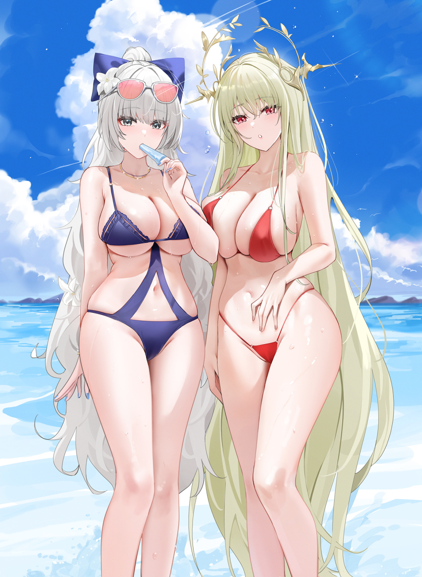 2girls absurdly_long_hair asymmetrical_docking azur_lane bare_arms bare_legs bare_shoulders bikini blue_bikini bow breast_press breasts cleavage clothing_cutout collarbone eyewear_on_head feet_out_of_frame flower food food_in_mouth green_hair grey_eyes hair_bow hair_flower hair_ornament hand_on_own_stomach hand_up headdress highleg highleg_bikini highres holding holding_food holding_popsicle horns jewelry large_breasts long_hair looking_at_viewer multiple_girls napoli_(azur_lane) navel navel_cutout necklace parted_lips popsicle popsicle_in_mouth qing_wu red_bikini red_eyes skindentation standing stomach string_bikini sunglasses swimsuit thighs very_long_hair vittorio_veneto_(azur_lane) wet white_hair