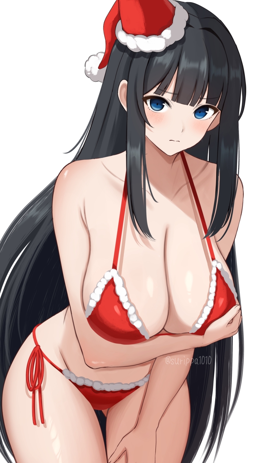 1girl arm_under_breasts artist_name bikini black_hair blue_eyes blush breasts cleavage closed_mouth collarbone commentary_request fur-trimmed_bikini fur_trim hat highres ikaruga_(senran_kagura) large_breasts leaning_forward long_hair looking_at_viewer red_bikini red_hat santa_bikini santa_hat senran_kagura senran_kagura_new_link senran_kagura_shoujo-tachi_no_shin&#039;ei side-tie_bikini_bottom simple_background solo surippa1010 swimsuit thighs white_background