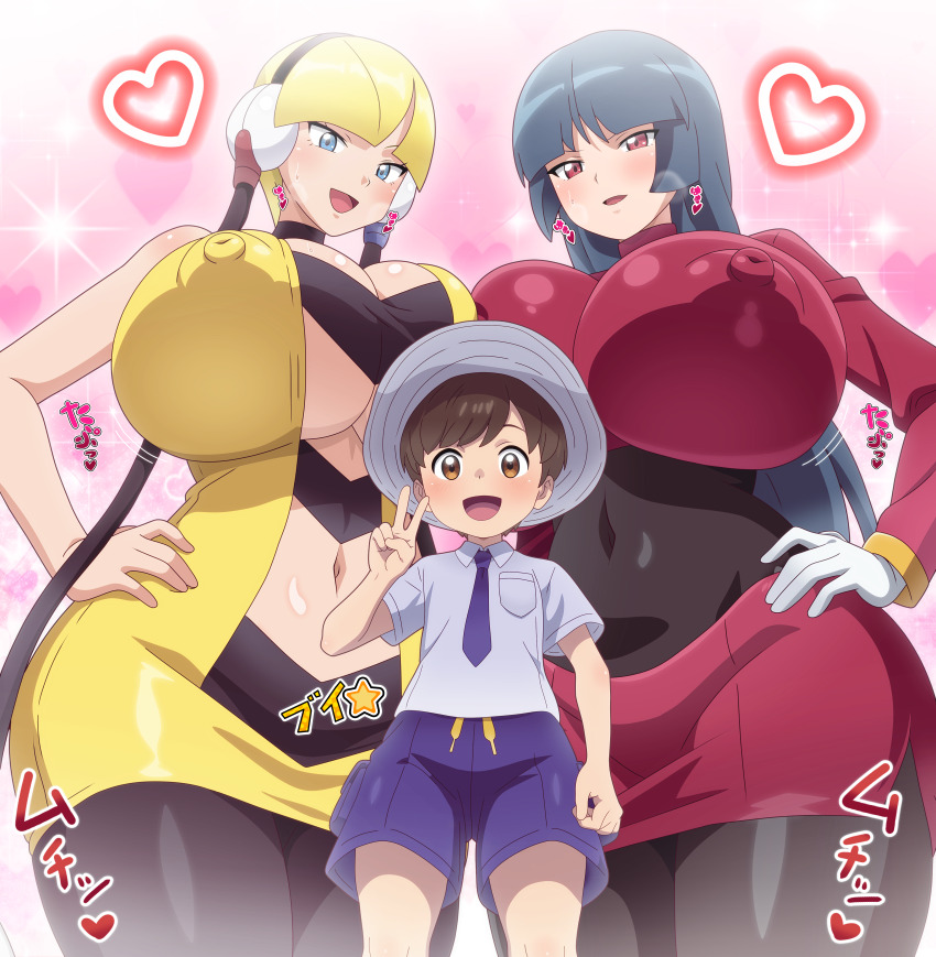 1boy 2girls absurdres age_difference alternate_breast_size asymmetrical_docking blonde_hair blue_eyes breast_press breasts child creatures_(company) elesa_(pokemon) florian_(pokemon) game_freak hands_on_own_hips heart highres hitokiwa_kenchin huge_breasts looking_at_viewer midriff multiple_girls nintendo onee-shota pantyhose pokemon pokemon_bw pokemon_frlg pokemon_masters_ex pokemon_sv red_eyes sabrina_(pokemon) smile symmetrical_docking v