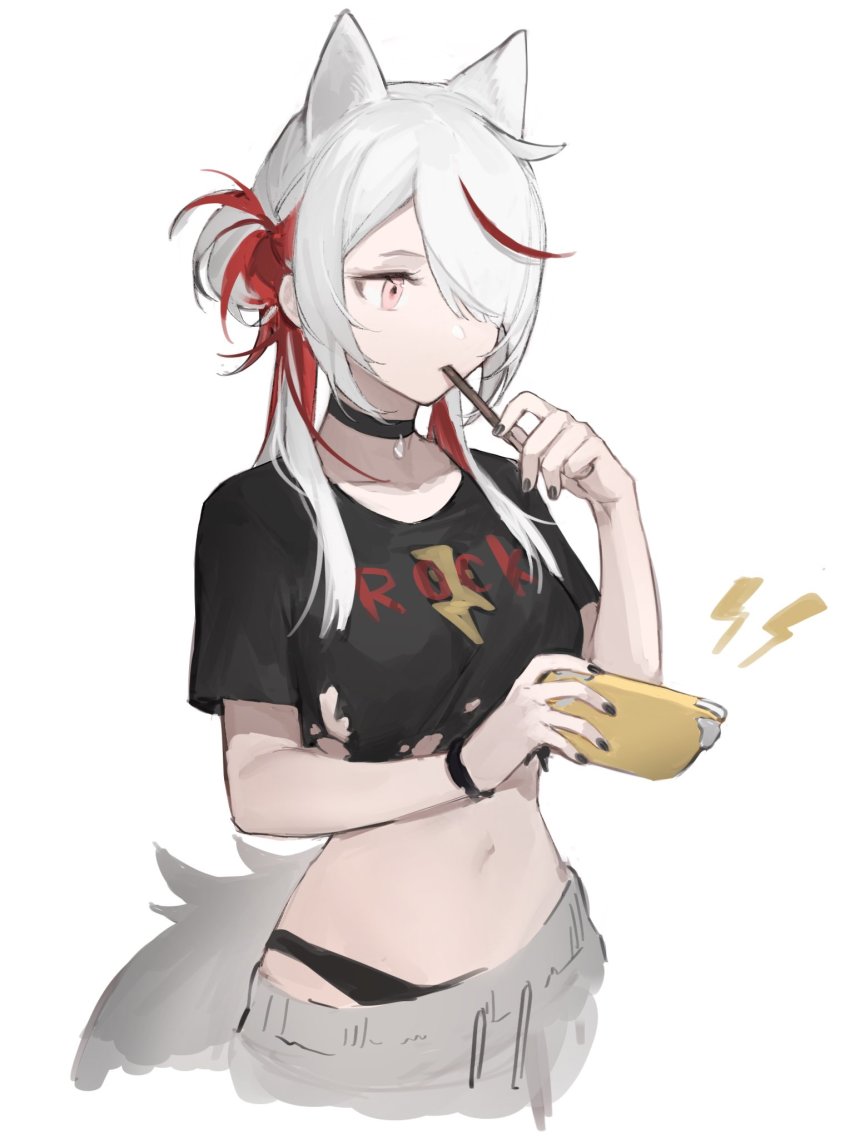 1girl animal_ears atelier_live black_panties black_shirt commentary cropped_shirt eating english_commentary food grey_pants hair_bun handheld_game_console highres holding holding_food holding_handheld_game_console lightning_bolt_symbol making-of_available mari_the_hybrid midriff multicolored_hair navel nintendo_switch_lite one_eye_covered panties pants pink_eyes pocky print_shirt procreate_(medium) red_hair shirt side_bun single_side_bun solo streaked_hair tail torn_clothes torn_shirt underwear virtual_youtuber white_hair wolf_ears wolf_girl wolf_tail yoimon