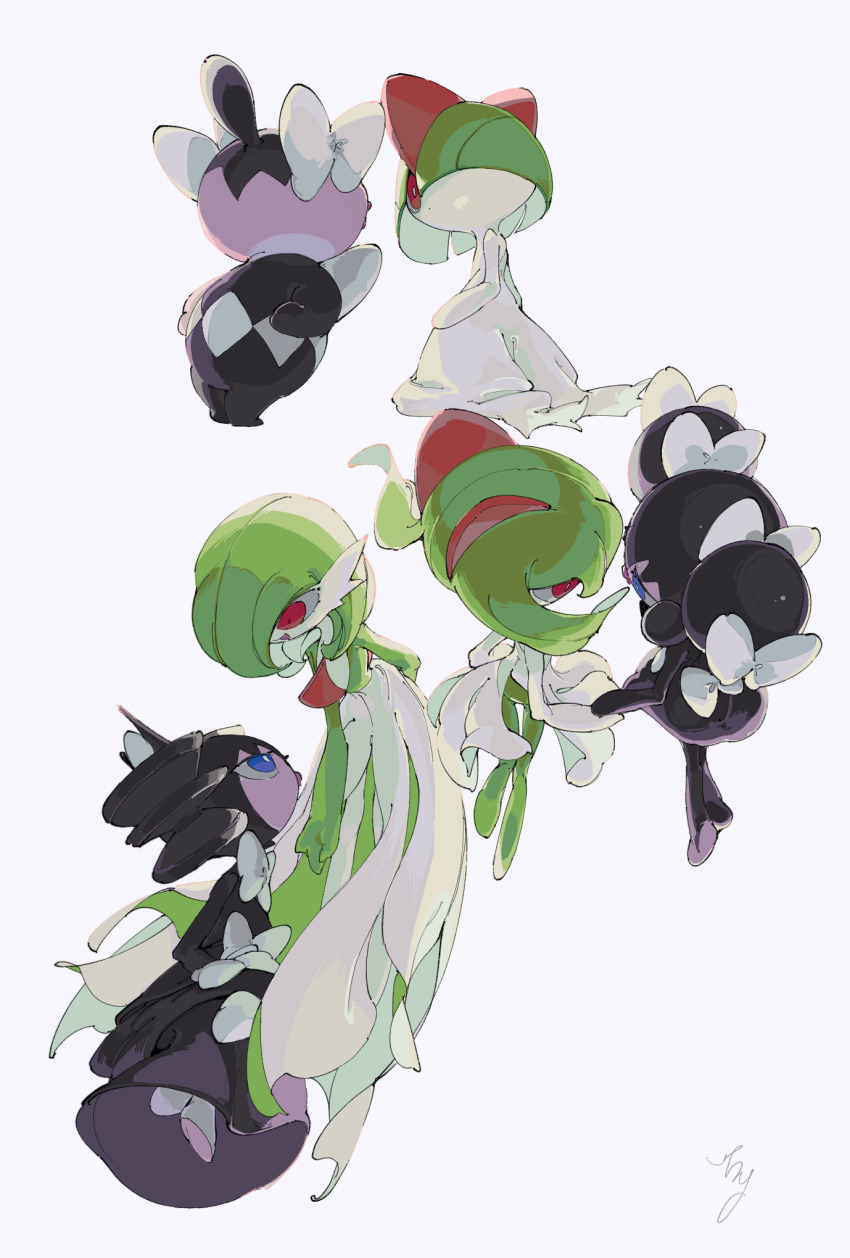 0_ici_0 black_hair black_skin blue_eyes bob_cut bow colored_skin creatures_(company) dress evolutionary_line game_freak gardevoir gen_3_pokemon gen_5_pokemon gothita gothitelle gothorita green_hair green_skin hair_bow highres holding_hands kirlia multicolored_skin multiple_views nintendo no_feet pink_eyes pink_skin pokemon pokemon_(creature) ralts signature simple_background two-tone_skin white_bow white_dress white_skin