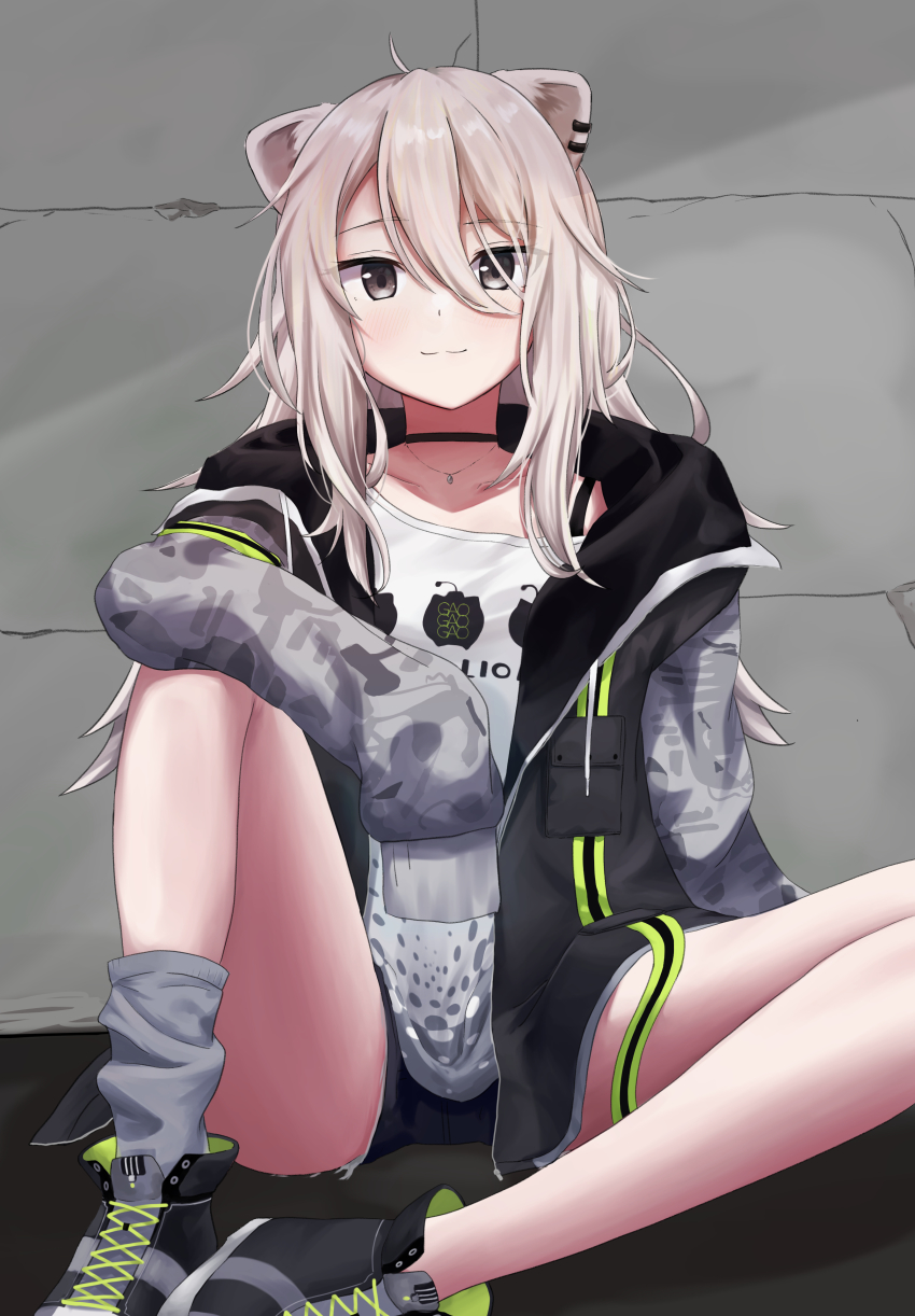 1girl absurdres ahoge animal_ears arm_on_knee black_bra black_choker black_jacket black_shorts bra bra_strap breasts choker cleavage eyes_visible_through_hair grey_eyes grey_hair grey_sleeves grey_socks highres hololive jacket kakinotane_e large_breasts lion_ears lion_girl long_hair long_sleeves looking_at_viewer shirt shishiro_botan shishiro_botan_(casual) short_shorts shorts sleeves_past_wrists smile socks underwear virtual_youtuber white_shirt