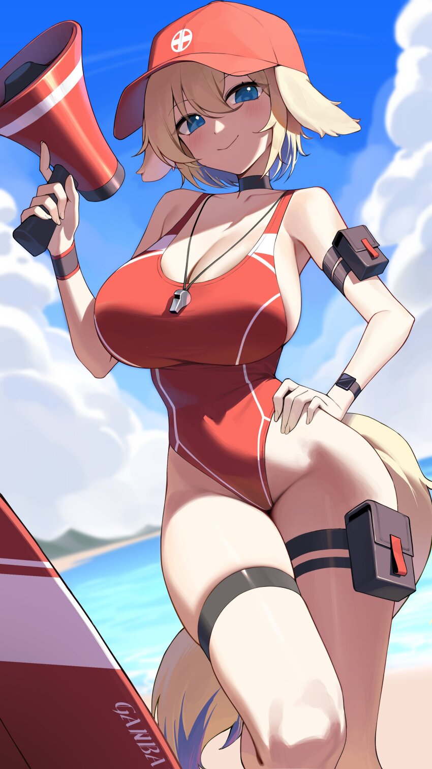 1girl absurdres animal_ears beach black_choker blonde_hair blue_eyes blue_sky breasts character_request choker cleavage cloud copyright_request day dog_ears dog_girl dog_tail fingernails hair_between_eyes hand_on_own_hip hat highleg highleg_one-piece_swimsuit highres holding holding_megaphone large_breasts lifeguard looking_at_viewer megaphone ocean one-piece_swimsuit outdoors red_hat red_one-piece_swimsuit sbgu short_hair sky solo swimsuit tail thigh_strap thighs whistle whistle_around_neck