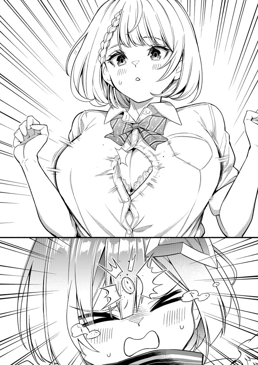 &gt;_&lt; 2girls amane_kanata blush bow bowtie bra bra_peek braid breasts bursting_breasts cleavage collared_shirt dress_shirt emphasis_lines greyscale hands_up highres hololive huge_breasts izumida_fuyuki large_breasts monochrome multiple_girls open_mouth parted_lips popped_button shirogane_noel shirogane_noel_(school_uniform) shirt short_hair short_sleeves striped_bow striped_bowtie striped_clothes underwear virtual_youtuber