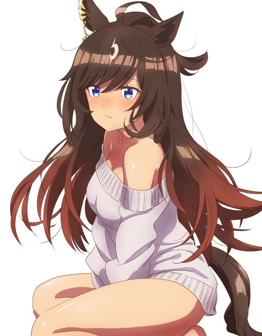 1girl :/ ahoge animal_ears arms_between_legs bare_legs bare_shoulders barefoot blue_eyes breasts brown_hair cleavage closed_mouth duramente_(umamusume) ear_ornament expressionless flipped_hair from_side gradient_hair grey_sweater highres horse_ears horse_girl horse_tail komatsu_(sakanae) light_blush long_hair long_sleeves looking_ahead medium_breasts messy_hair multicolored_hair off-shoulder_sweater off_shoulder simple_background sitting solo sweater swept_bangs tail thighs umamusume white_background