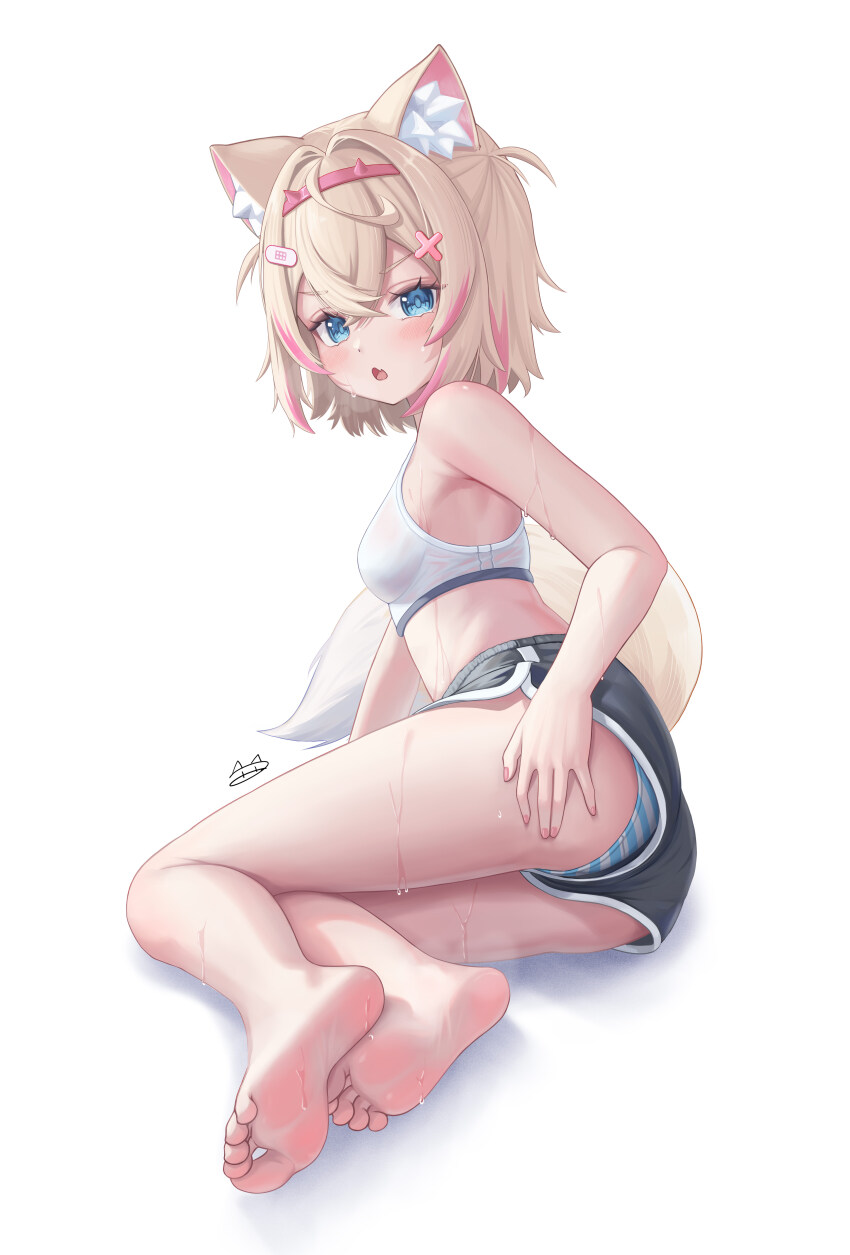 1girl absurdres animal_ears barefoot blonde_hair blue_eyes blush breasts dolphin_shorts feet fpvjoe hand_on_own_ass highres hololive hololive_english looking_at_viewer medium_breasts medium_hair mococo_abyssgard multicolored_hair open_mouth panties pantyshot shorts soles sports_bra steam streaked_hair striped_clothes striped_panties sweat tail toes underwear virtual_youtuber