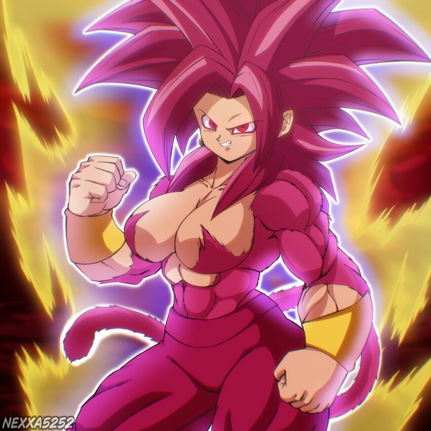 1girl abs artist_name aura bracelet breasts dragon_ball dragon_ball_daima dragon_ball_super earrings jewelry kefla_(dragon_ball) large_breasts muscular muscular_female nexx_art pants potara_earrings red_eyes red_fur red_hair spiked_hair super_saiyan super_saiyan_4 tail