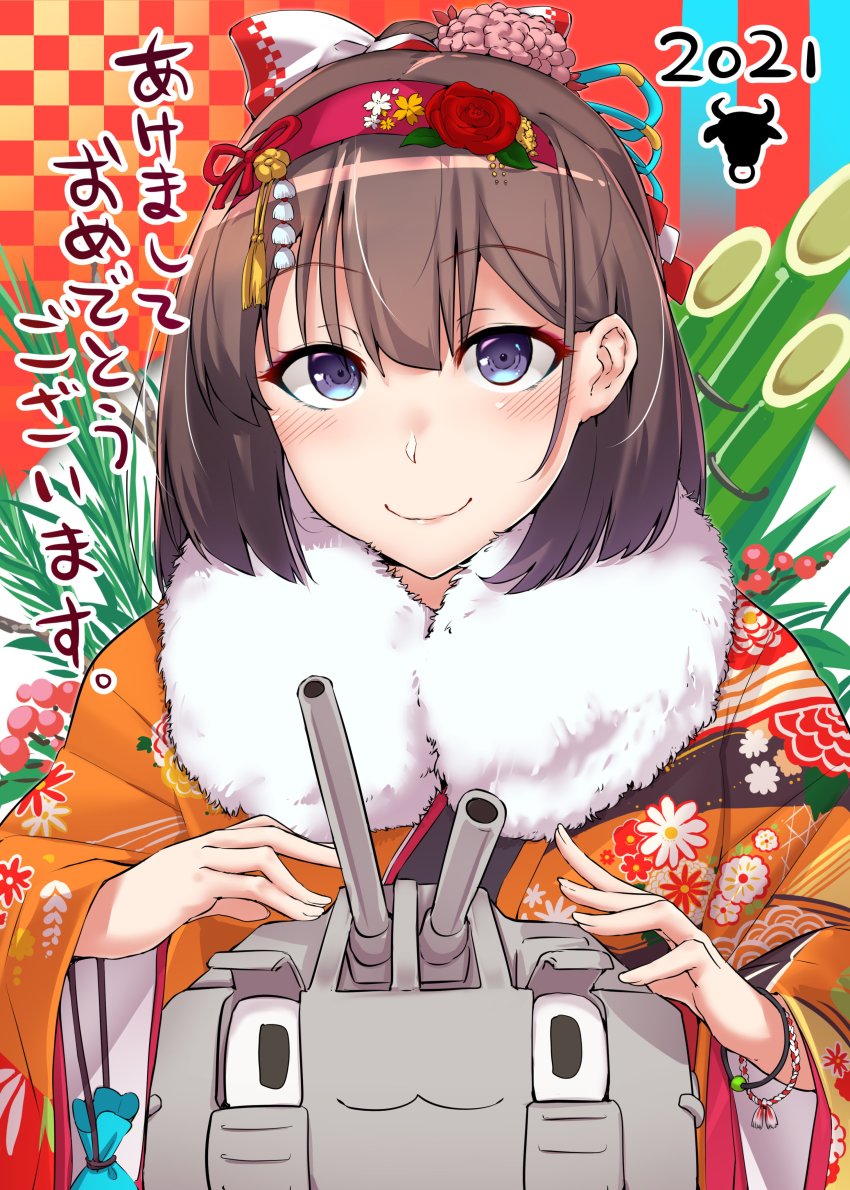 1girl 2021 absurdres akizuki_(kancolle) black_hair blue_eyes blush chou-10cm-hou-chan closed_mouth floral_print fur-trimmed_kimono fur_trim hair_between_eyes happy_new_year highres japanese_clothes kadomatsu kantai_collection kimono kiritto long_hair long_sleeves looking_at_viewer new_year ponytail print_kimono smile solo upper_body wide_sleeves