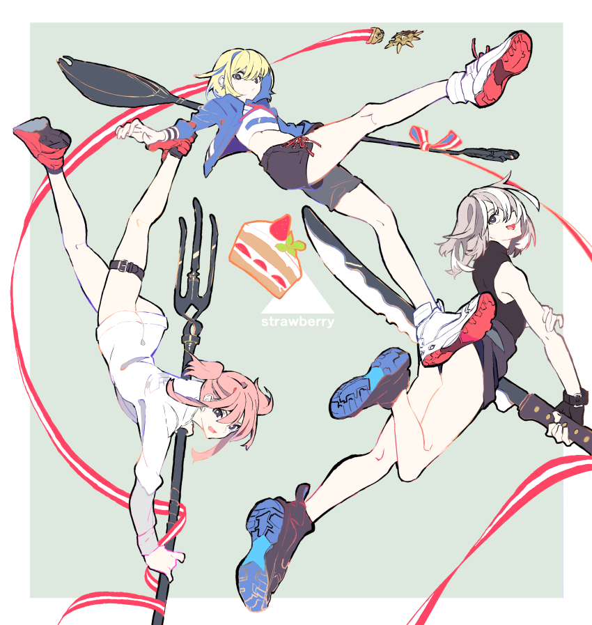 3girls absurdres bad_id bad_pixiv_id butter_knife closed_mouth english_text floating fork gloves highres holding holding_fork holding_knife holding_spoon knife long_bangs looking_at_viewer multiple_girls open_mouth original pink_hair shoes short_hair short_twintails simple_background sneakers spoon twintails utensil you_(nanban319)