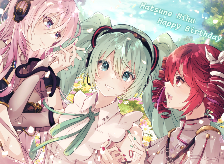 3girls arm_tattoo belt birthday black_belt black_dress blue_eyes blue_hair blue_nails blue_ribbon blue_sky blush bow breasts buttons collared_shirt day detached_sleeves double-breasted dress drill_hair fingernails fishnet_sleeves fishnets flower grass grey_jacket grin hair_bow hair_ribbon happy_birthday hatsune_miku hatsune_miku_(nt) headphones holding_hands jacket kasane_teto kasane_teto_(sv) lips long_hair looking_at_another looking_at_viewer medium_breasts megurine_luka multiple_girls neck_ribbon number_tattoo open_mouth outdoors piapro pink_flower pink_hair pink_nails red_eyes red_hair red_nails red_tattoo red_trim ribbon shirt shoulder_belt shoulder_boards shoulder_tattoo sky sleeveless sleeveless_shirt smile standing striped_clothes striped_jacket synthesizer_v tattoo teeth tree twin_drills twintails upper_teeth_only utau vocaloid white_bow white_flower white_ribbon wing_collar yudoufu_(littleplus)