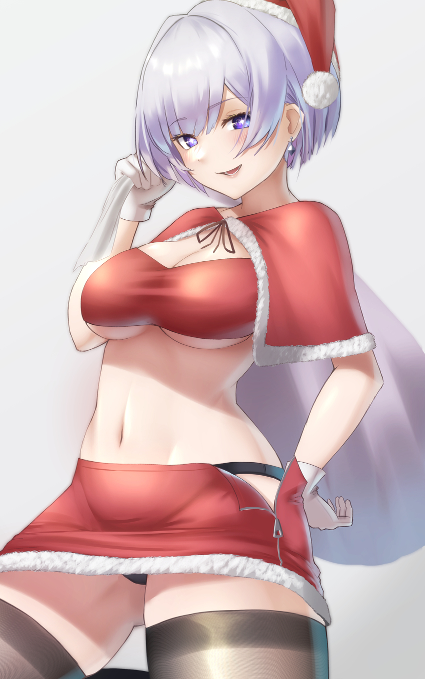 1girl absurdres alternate_costume black_panties breasts capelet christmas cleavage goddess_of_victory:_nikke hand_on_own_hip hat highres holding holding_sack large_breasts liliweiss_(nikke) looking_at_viewer medium_hair nero_(voyaki) open_mouth panties purple_eyes purple_hair red_capelet red_skirt red_tube_top sack santa_costume santa_hat simple_background skirt smile solo standing star-shaped_pupils star_(symbol) strapless symbol-shaped_pupils tube_top underwear white_background