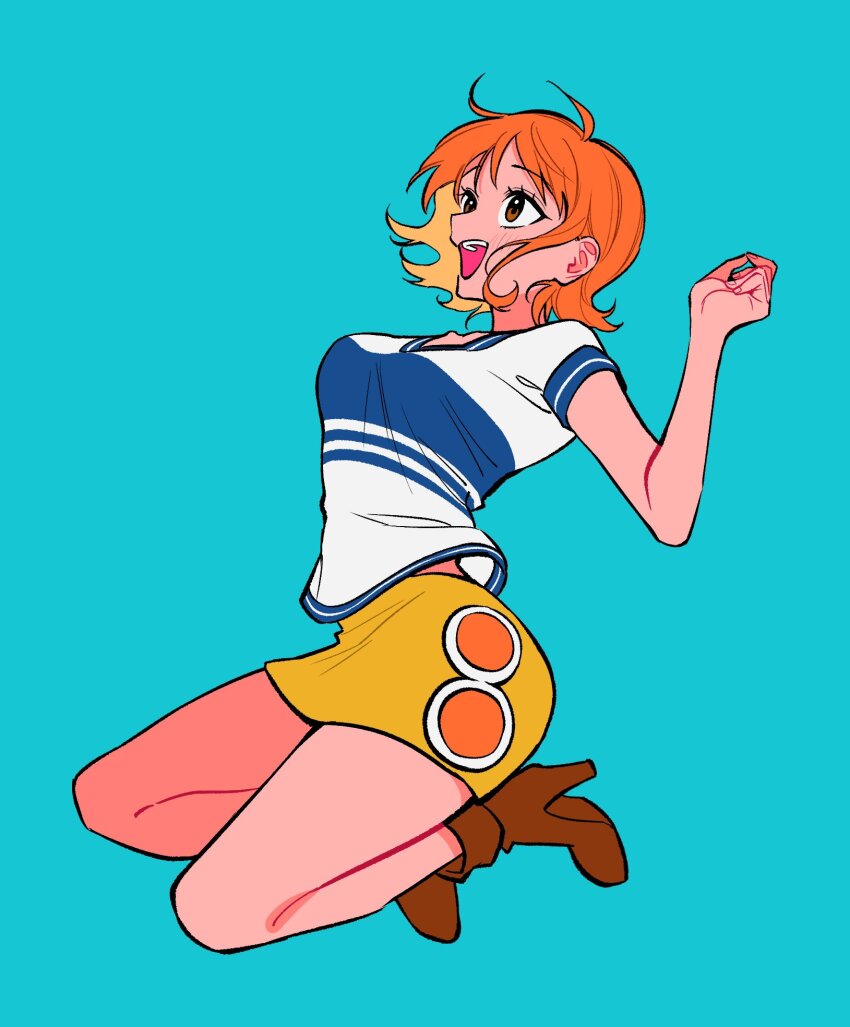 1girl a_dzu_(hnm_knm_04) bare_legs blue_background blue_shirt boots breasts brown_eyes brown_footwear full_body high_heel_boots high_heels highres jumping large_breasts looking_up miniskirt nami_(one_piece) narrow_waist one_piece open_mouth orange_hair shirt short_hair short_sleeves single_sidelock skirt solo two-tone_shirt white_shirt yellow_skirt