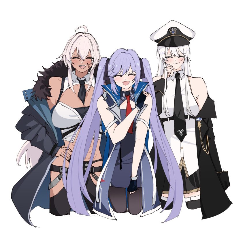 3girls azur_lane black_coat black_necktie black_skirt blue_coat closed_eyes coat cropped_legs dark-skinned_female dark_skin enterprise_(azur_lane) essex_(azur_lane) fur-trimmed_coat fur_trim hat highres indiana_(azur_lane) laughing light_blush long_hair multiple_girls necktie open_mouth peaked_cap pleated_skirt purple_eyes red_necktie scar scar_on_face simple_background skirt smile tsuchi_(xger4434) twintails very_long_hair white_background white_hair white_hat