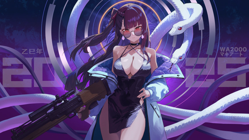 1girl 2025 absurdres bare_shoulders black_choker black_dress blue_coat braid breasts bullpup character_name chinese_zodiac choker cleavage closed_mouth coat commentary commentary_request cowboy_shot criss-cross_halter dress earrings english_commentary floating_hair girls&#039;_frontline girls&#039;_frontline_2:_exilium gun hair_ribbon halterneck highres holding holding_gun holding_weapon jewelry large_breasts legs_together long_hair long_sleeves looking_at_viewer makiatto_(girls&#039;_frontline_2) mixed-language_commentary o-ring off_shoulder one_side_up open_clothes open_coat puffy_long_sleeves puffy_sleeves purple_hair red_eyes red_ribbon ribbon rifle round_eyewear royhwang12 scope sleeveless sleeveless_dress snake sniper_rifle solo standing sunglasses very_long_hair wa2000_(girls&#039;_frontline) walther walther_wa_2000 weapon white_snake year_of_the_snake