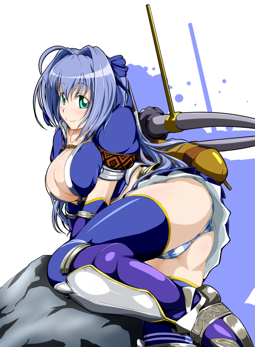 1girl azure_(armor) blue_hair breasts capcom cleavage female_focus green_eyes hair_ribbon highres looking_at_viewer monster_hunter_(series) mun panties ribbon smile solo striped_clothes striped_panties thighhighs underwear