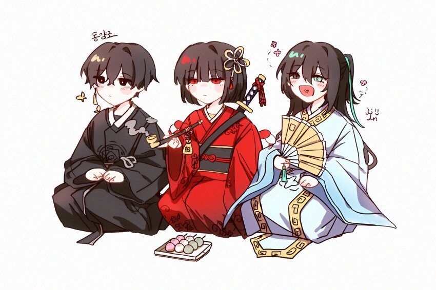 1girl 2boys black_eyes black_hanbok blush chinese_clothes closed_mouth dango folding_fan food hanbok hand_fan hanfu highres holding holding_fan holding_smoking_pipe hong_lu_(project_moon) japanese_clothes kimono kiseru laenjen78201 limbus_company long_sleeves multiple_boys ootachi open_mouth project_moon red_kimono ryoshu_(project_moon) sanshoku_dango sitting smile smoking_pipe wagashi white_hanfu wide_sleeves yi_sang_(project_moon)