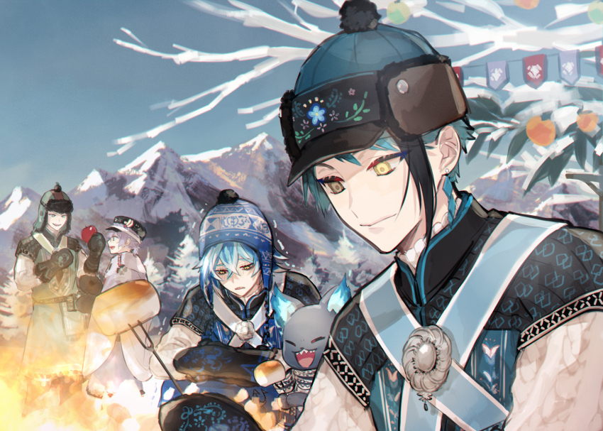 4boys bare_tree beanie blue_hair brown_eyes campfire cat chashibu commentary creature epel_felmier floyd_leech grim_(twisted_wonderland) hat heterochromia highres idia_shroud jade_leech mittens mountain multiple_boys outdoors pom_pom_(clothes) pom_pom_beanie roasted_marshmallow short_hair snow symbol-only_commentary tree twisted_wonderland yellow_eyes