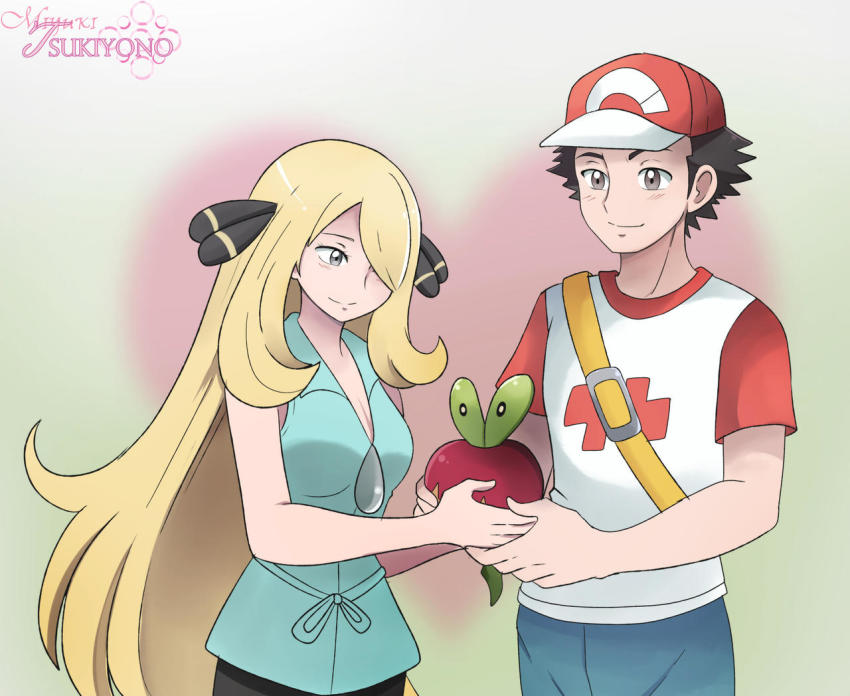 1boy 1girl alternate_costume applin baseball_cap blonde_hair commentary commission creatures_(company) cynthia_(pokemon) game_freak gen_8_pokemon gift hair_ornament hair_over_one_eye hat heart miyuki_tsukiyono nintendo pokemon pokemon_(anime) pokemon_(creature) pokemon_bw_(anime) pokemon_sm red_(pokemon) shirt t-shirt