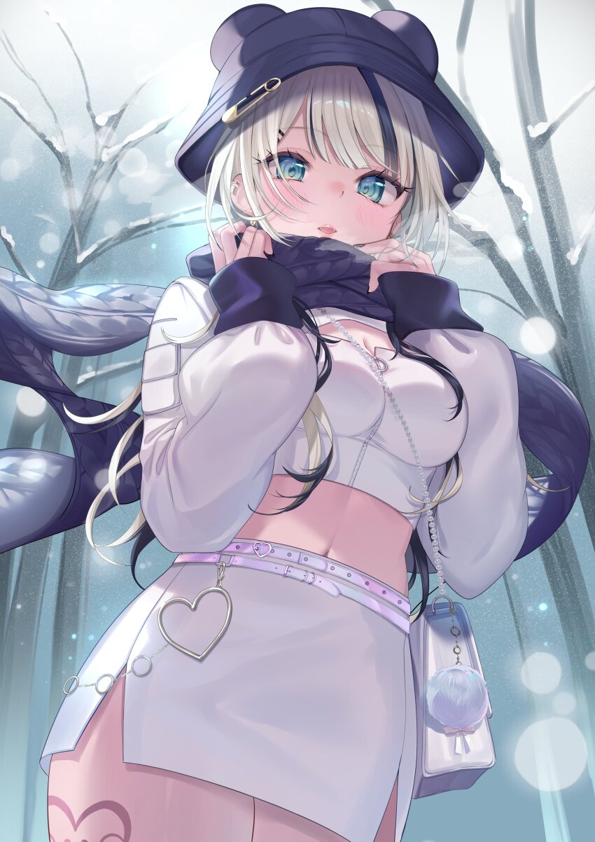 1girl absurdres aqua_eyes bag bare_tree bear_hat black_streaks blonde_hair blue_scarf blunt_bangs blush breasts cleavage ear_piercing earrings from_below hair_ornament hairclip heart_o-ring highres jewelry kurumi_noah kurumi_noah_(7th_costume) long_hair long_sleeves looking_at_viewer medium_breasts midriff miniskirt multicolored_hair navel o-ring parted_lips piercing pocket safety_pin scarf shinomiya_ino shirt shoulder_bag shrug_(clothing) side_slit skirt sleeve_cuffs sleeves_past_wrists snow snowing solo strapless streaked_hair tree tube_top virtual_youtuber vspo! white_shirt white_skirt winter zipper zipper_pull_tab