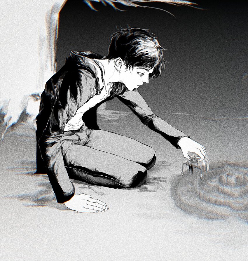 1boy eren_yeager founding_titan full_body greyscale gx8439440115311 highres in_palm jacket kneeling long_sleeves male_focus monochrome outdoors parted_bangs parted_lips shingeki_no_kyojin shirt short_hair titan_(shingeki_no_kyojin) tree under_tree white_shirt