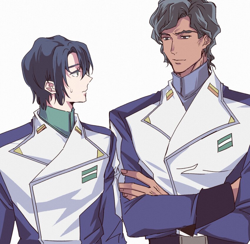 2boys athrun_zala black_hair blue_hair blue_jacket brown_eyes crossed_arms dark-skinned_male dark_skin fukuchika_(kmg_ck) green_eyes gundam gundam_seed gundam_seed_destiny gundam_seed_freedom highres jacket ledonir_kisaka looking_at_another male_focus military military_jacket military_uniform multiple_boys profile short_hair simple_background sweatdrop turtleneck upper_body wavy_hair white_background white_jacket