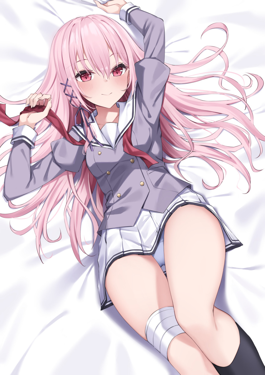 1girl absurdres arms_up bandaged_leg bandages black_socks blush breasts engage_kiss feet_out_of_frame from_above hair_ornament highres kisara_(engage_kiss) long_hair long_sleeves looking_at_viewer lying panties pantyshot pink_eyes pink_hair pleated_skirt sailor_collar school_uniform serafuku shikapiro shirt skirt small_breasts smile socks solo thighs underwear white_panties white_sailor_collar white_skirt x_hair_ornament