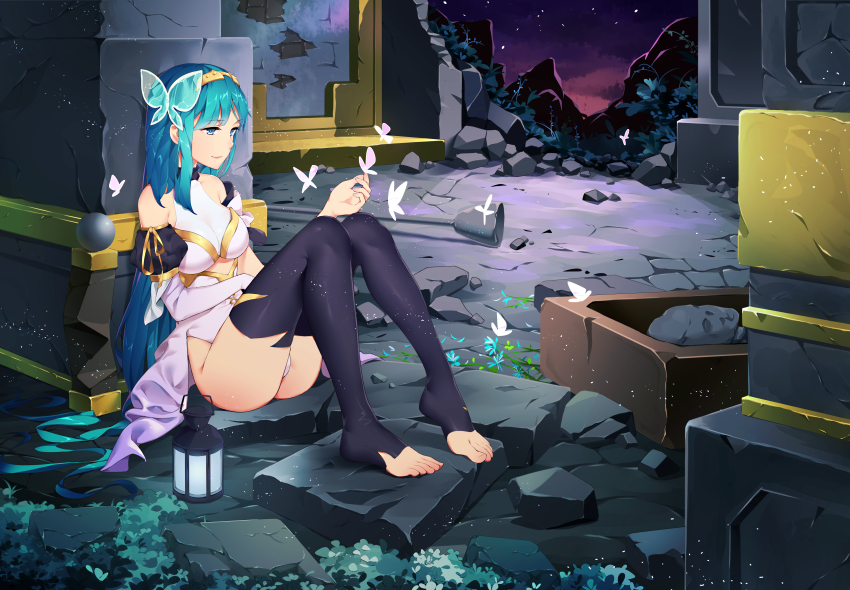 1girl absurdres aqua_hair barefoot blue_eyes breasts bug butterfly butterfly_hair_ornament butterfly_on_hand collared_dress debris dress elbow_gloves feet floating gloves hair_ornament hidor highleg highleg_leotard highres insect knees_together_feet_apart lamp large_breasts leaning_on_object leotard long_hair no_shoes on_floor original ribbon-trimmed_sleeves ribbon_trim sitting smile thighs toeless_legwear toes very_long_hair