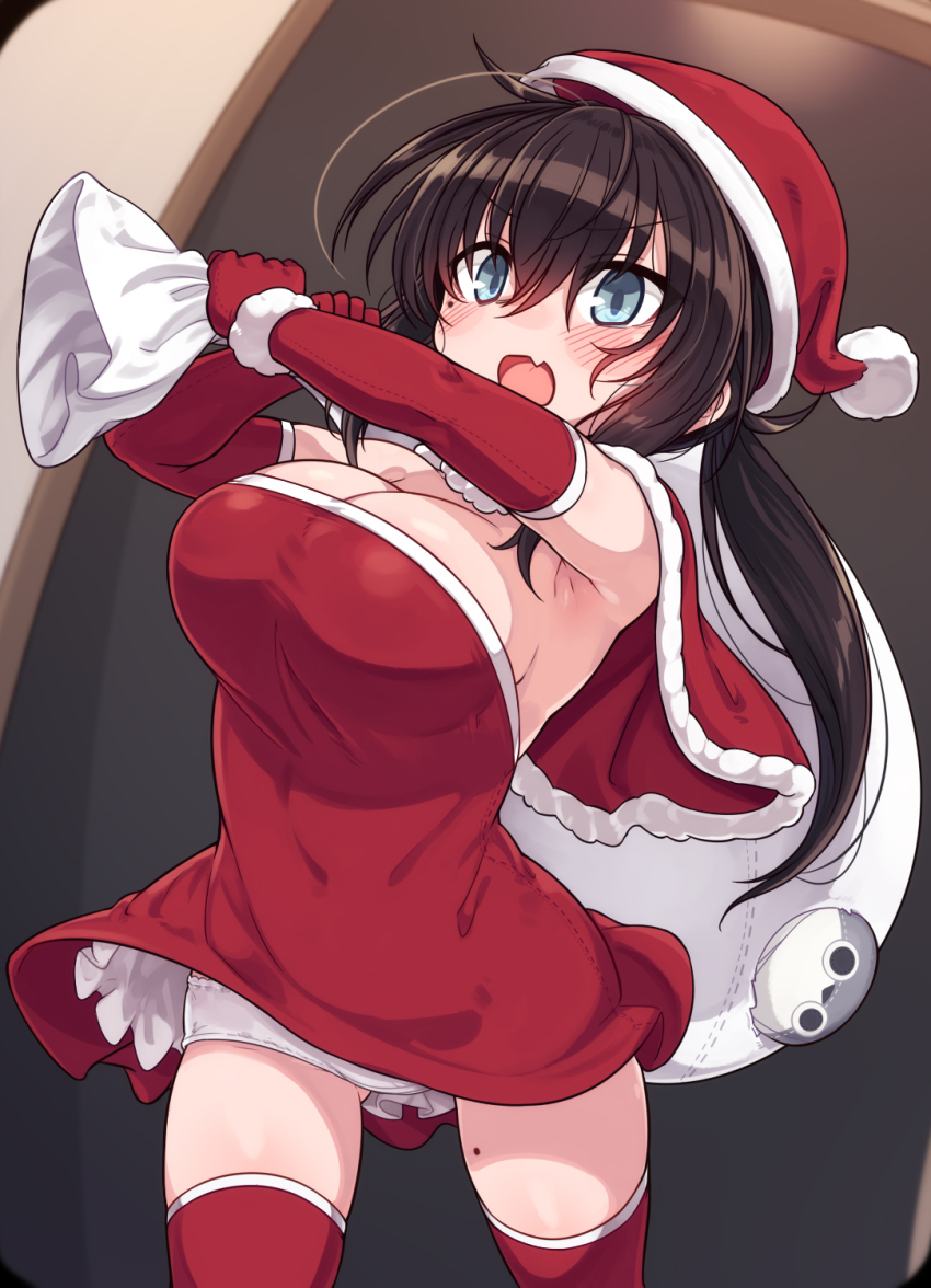 1girl black_hair blue_eyes blush breasts commentary_request dress elbow_gloves gloves hat highres holding holding_sack indoors large_breasts long_hair mole mole_on_thigh null_(nyanpyoun) open_mouth oppai_loli original panties pantyshot red_dress red_gloves red_thighhighs sack santa_dress santa_hat smile solo thighhighs twintails underwear white_panties