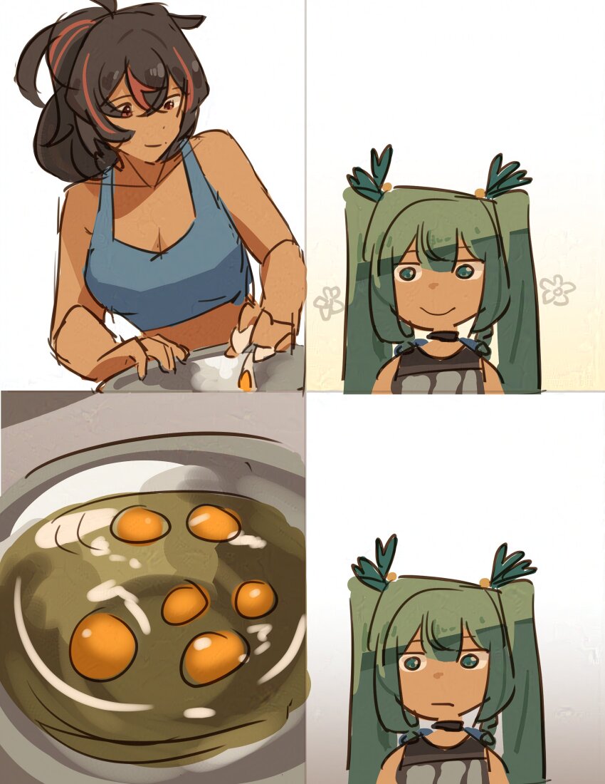 2girls absurdres black_hair blunt_bangs breasts cleavage closed_mouth crop_top eden_gross_cooking_reaction_(meme) egg green_eyes green_hair highres long_hair meme multicolored_hair multiple_girls nonnormalguy ponytail qingyi_(zenless_zone_zero) sidelocks simple_background sleeveless smile streaked_hair twintails two-tone_hair zenless_zone_zero zhu_yuan