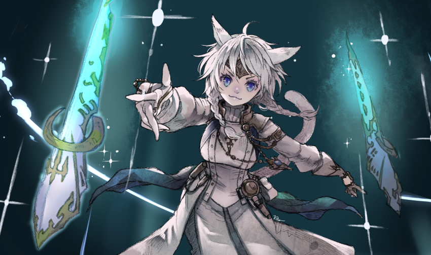 1girl :3 animal_ears warrior_of_light_(ff14) blue_eyes braid cat_ears cat_tail circlet dark_background fictional_persona final_fantasy final_fantasy_xiv floating floating_object floating_weapon glowing glowing_weapon light_particles miqo&#039;te pale_skin pointing pointing_at_viewer ren-co sage_(final_fantasy) silver_hair smile solo sparkle tail twin_braids weapon