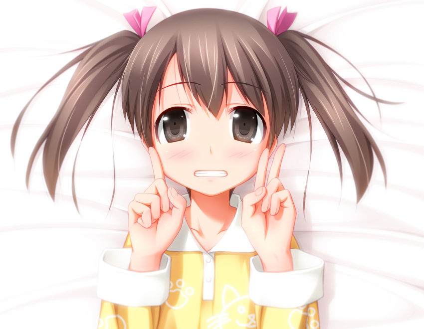 1girl blush brown_eyes brown_hair female_focus ogata original pajamas smile solo twintails v