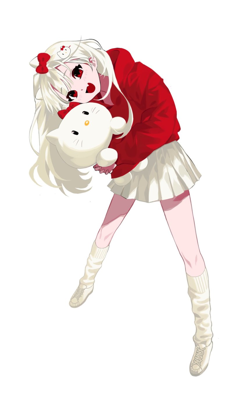 1girl 2pineapplepizza bow fang full_body hair_bow hair_ornament hello_kitty hello_kitty_(character) highres holding holding_stuffed_toy hood hoodie long_hair long_sleeves looking_at_viewer loose_socks open_mouth red_bow red_eyes red_hoodie sanrio shoes simple_background skirt smile sneakers socks solo stuffed_animal stuffed_toy white_background white_skirt