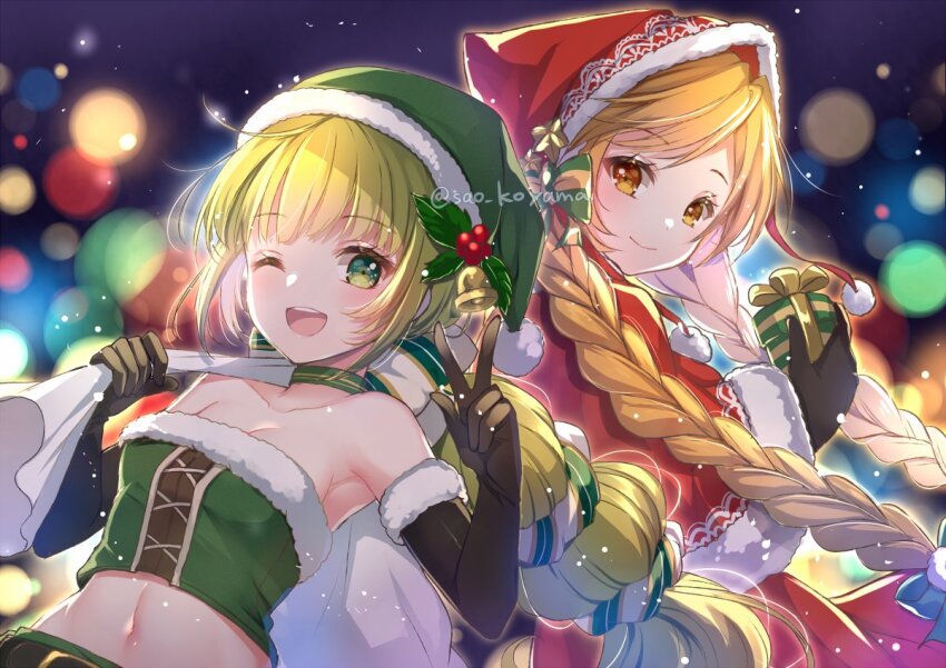 2girls bare_shoulders blonde_hair braid breasts choker christmas closed_mouth coat cordelia_(saga) gloves green_eyes green_hair hair_ribbon hat hood koyama_sao long_hair looking_at_viewer medium_breasts multi-tied_hair multiple_girls open_mouth ponytail ribbon saga saga_frontier_2 santa_hat smile twin_braids very_long_hair virginia_knights yellow_eyes