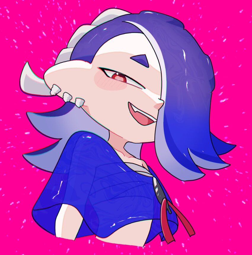 1girl blue_hair blue_shawl cephalopod_eyes chest_sarashi cropped_arms cropped_torso earrings eyelashes hair_over_one_eye hairband highres jewelry medium_hair multiple_earrings nintendo octoling open_mouth panu pink_background red_eyes red_pupils sarashi shawl shiver_(splatoon) short_eyebrows smile solo splatoon_(series) splatoon_3 teeth tentacle_hair thick_eyebrows tooth_earrings upper_teeth_only white_hairband